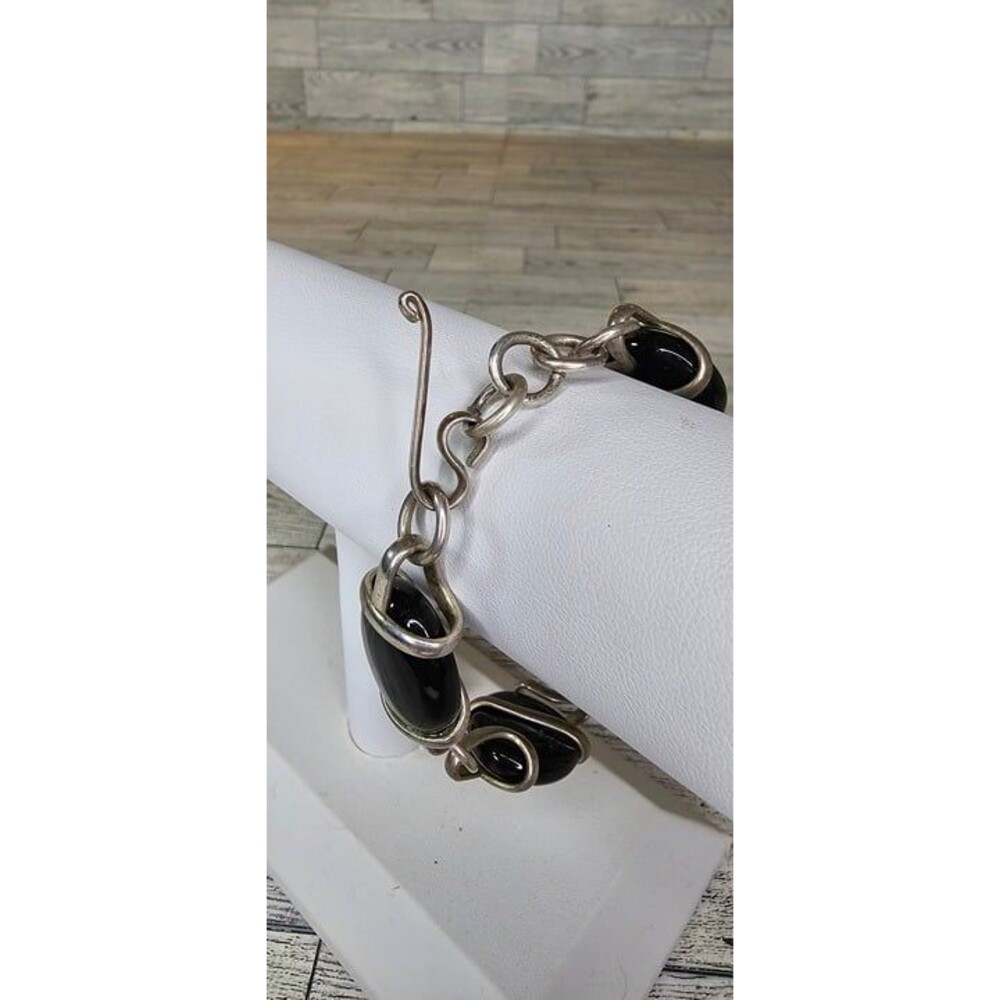 Handmade Silver Tone Square Onyx Black Art Glass Reversible Link Bracelet - Picture 5 of 5